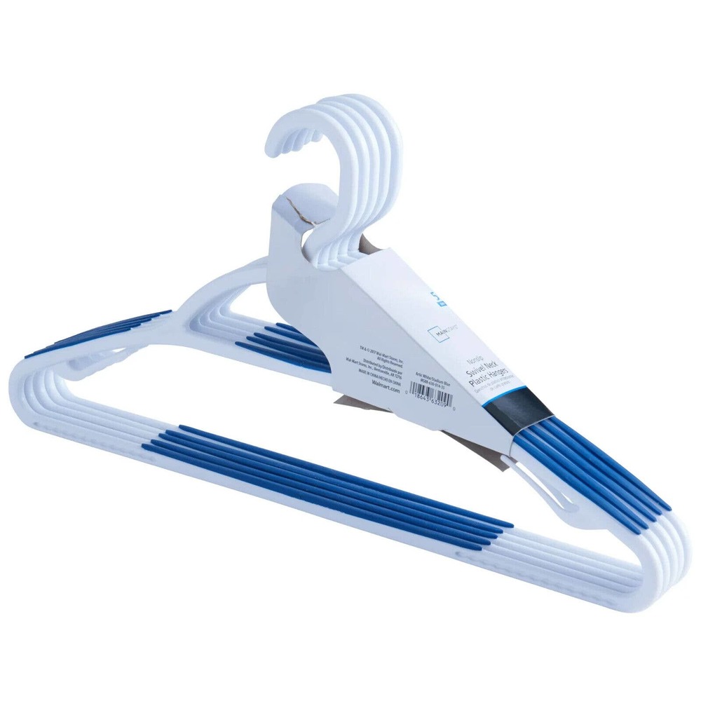 Mainstays Non-Slip Clothing Hangers, 5 Pack, Swivel Neck, White & Blue, Durable